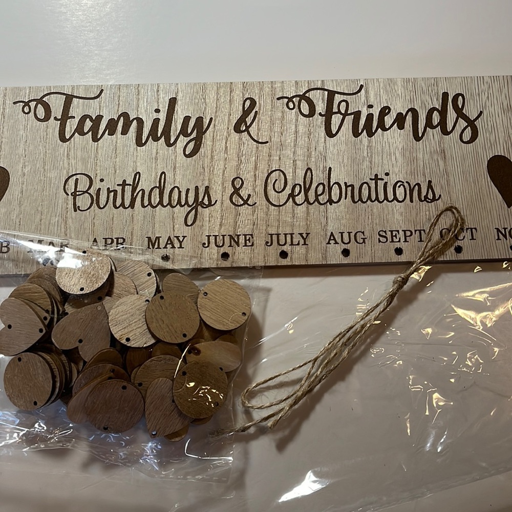 Family birthday board, L 16” W 4.9”, birch plywood, new.
